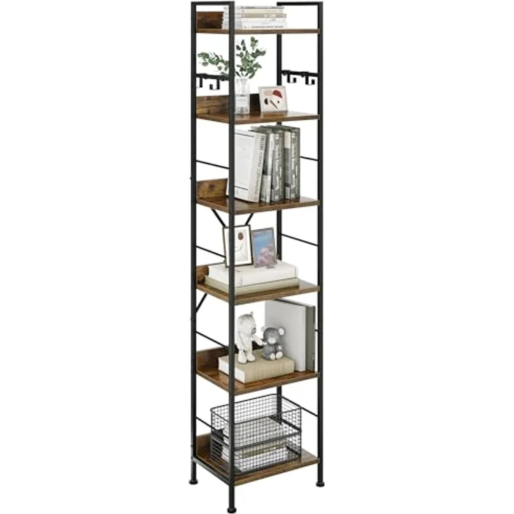 YITAHOME Bücherregal mit 6 Ebenen, Industrielles Standregal, Metallrahmen und Holzregale, Hohes Lagerregal mit 4 Haken, Präsentationsorganizer, für Wohnzimmer, Heimbüro, Vintagebraun Regal – Bild 8