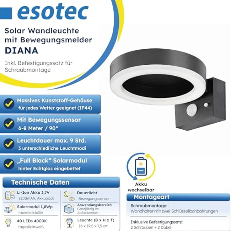 Esotec Solar PIR Wandleuchte Diana, Bewegungsmelder, 40 LEDs, Li-Ion Akku, wetterfest, schwarz, flach, H=7,5cm, Außenbeleuchtung, 102598 – Bild 2