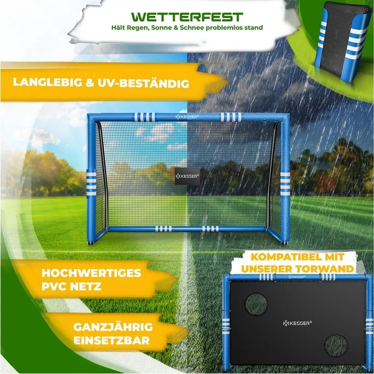 KESSER® Fußballtor für Garten robustes Outdoor Training Schusstraining UV-beständigem Netz, Stahlrahmen mit Polsterung, Erdhaken, Luftpumpe, Hüttchen, Montagezubehör für Kinder und Erwachsene Blau, 180cm, Ohne Torwand – Bild 2