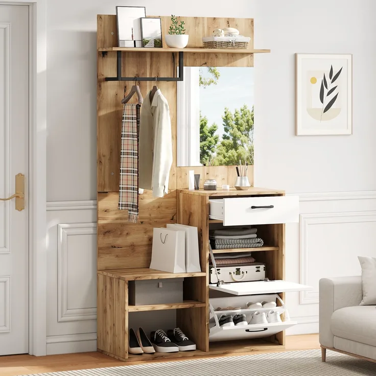 Faumrta 100*38.5*190cm Garderoben-Set mit Spiegel, Schuhbank, Schuhschrank, Flurschrank, Hängeschrankregal, Kompaktgarderobe, Mit 1 Schublade und 2 Schränken, viel Stauraum, Weiß + Original Holzfarbe100CM*38.5CM*190CMNaturalSpanplatte