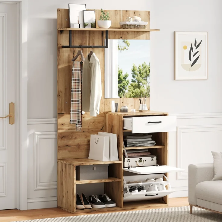 Faumrta 100*38.5*190cm Garderoben-Set mit Spiegel, Schuhbank, Schuhschrank, Flurschrank, Hängeschrankregal, Kompaktgarderobe, Mit 1 Schublade und 2 Schränken, viel Stauraum, Weiß + Original Holzfarbe100CM*38.5CM*190CMNaturalSpanplatte – Bild 1