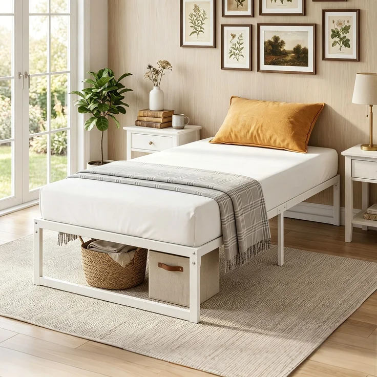 Bettgestell mit Stauraum und Stahl-Lattenrost, 32,5 cm hoch, geräuscharm, 200 x 90 cm, Weiß--Weiß--200.5x90.6x32.5cm--YOUDENOVA – Bild 3