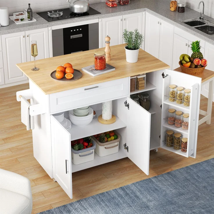 132.5*44(70)*90cm großer mobiler Küchentisch, Arbeitsplatte klappbar, Eiche Maserung, multifunktionaler Schrank, Gewürzregal, Handtuchhalter, 5 Rollen, geeignet für Küche/Essen/Haus – Bild 1