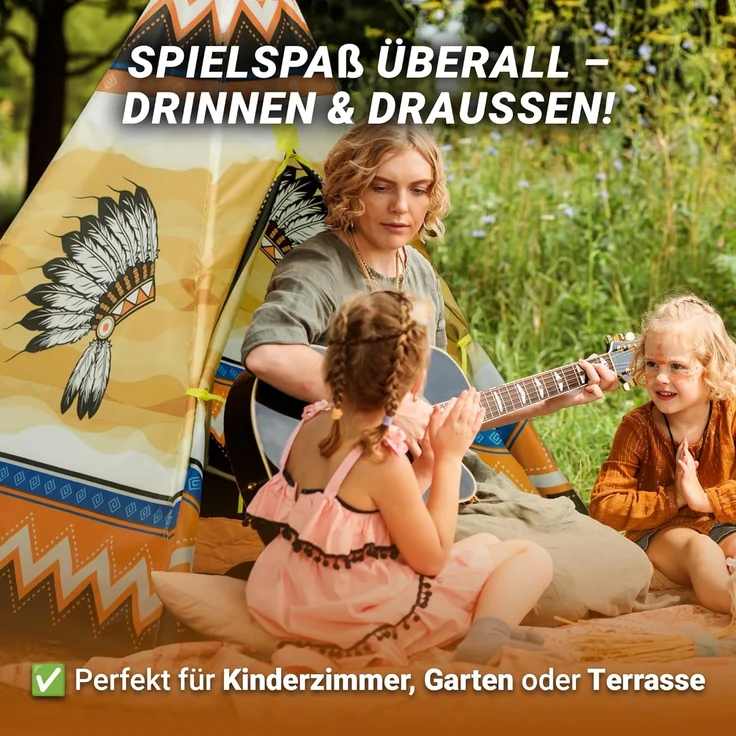 Indianerzelt Wigwam Kinder Spielzelt Tipi mit Indianer Motiv drinnen und draußen – Bild 4