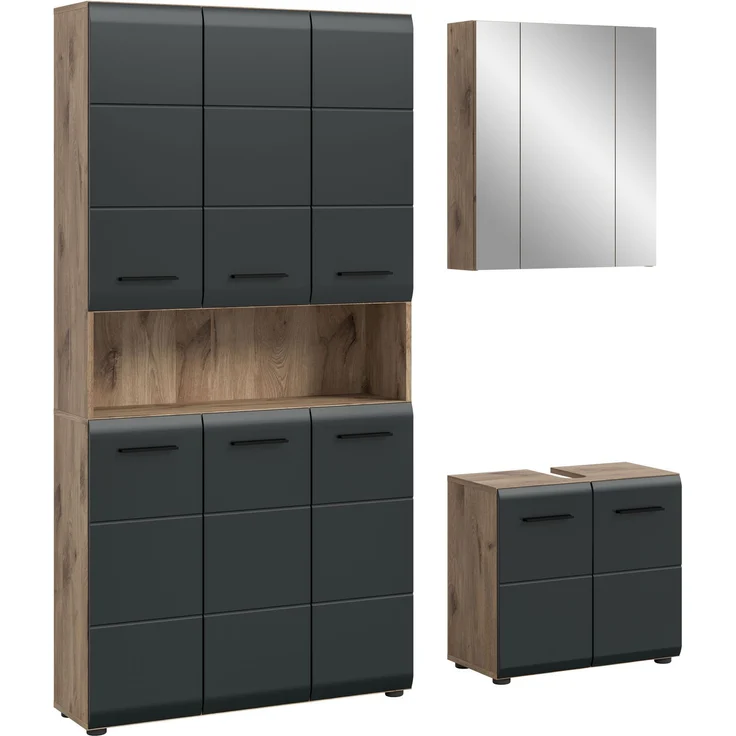 Badkombination (B/H/T: 165x185x46 cm) in schwarz matt und Nox Oak Nachbildung – Bild 1
