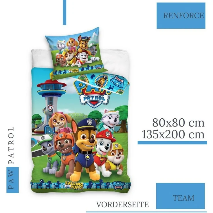 MTOnlinehandel Kinderbettwäsche Paw Patrol 135x200 + 80x80 cm, 100 % Baumwolle, Renforcé, 2 teilig, Bettwäsche-Set für Kinder, Mädchen und Jungen – Bild 3