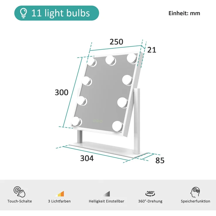 EMKE Hollywood Spiegel Schminkspiegel mit Beleuchtung 9 Dimmbaren LED-Leuchtmitteln 360° Drehbar Kosmetikspiegel mit 3 Lichtfarben 7× Vergrößerung Touch-Steurung,Weiß,25×30cm – Bild 5