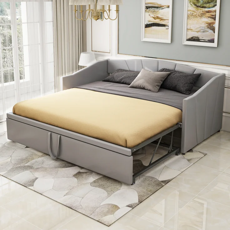 Polsterbett, Ausziehbares Schlafsofa 90/180 × 200 cm mit Lattenrosten, Multifunktionsbett aus hautfreundlichem Samtstoff, Samtstoff, Grau, 90/180 × 200 cm – Bild 4