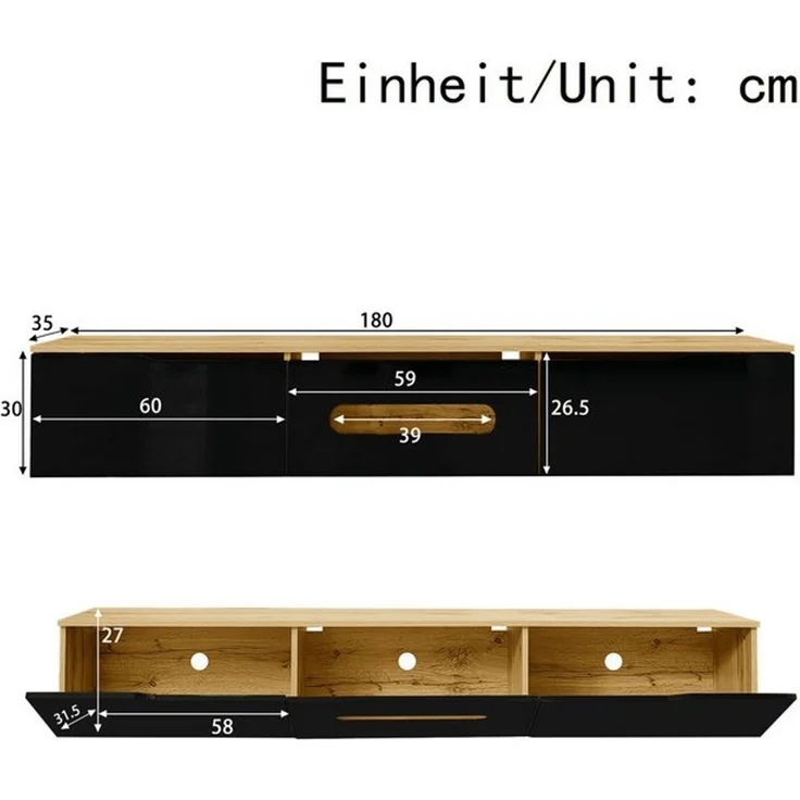 Merax Lowboard (180 L x 35 B x 30 H, 1 St), Hochglanz TV-Schrank mit LED-Beleuchtung und klappbarem Stauraum – Bild 4