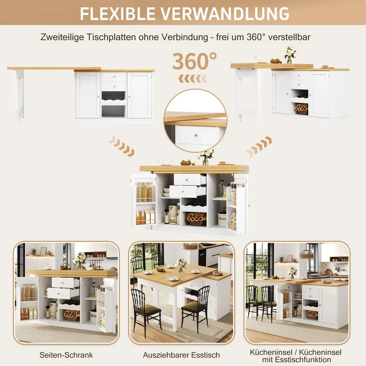 Merax Ausziehbarer Kücheninsel-Esstisch 120-197cm, 360° drehbar, mit Weinregal & Snack-Regalen, magnetische Türen, Weiß, belastbar bis 60kg – Bild 6