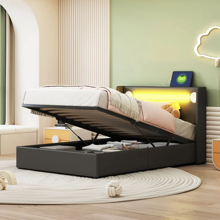 Polsterbett Kinderbett 90x200 Bett mit LED-Lichtleiste, Bluetooth-Player und USB-Aufladung, PU-Leder-Aufbewahrungsbett, Hochbettkasten, Jugendbett mit Lattenrost – Bild 3