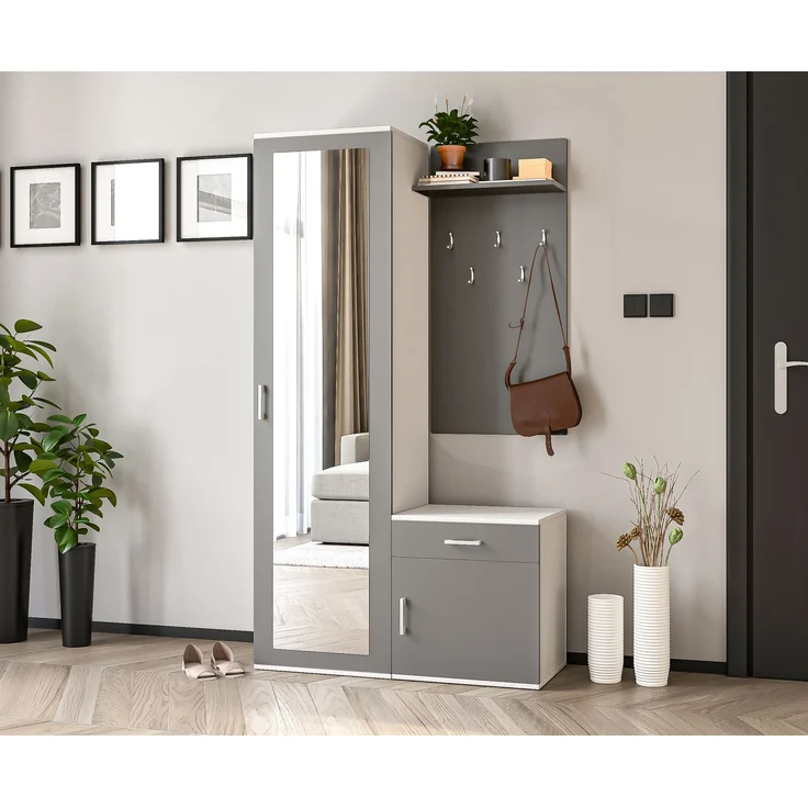 AX LIVING Garderobe mit Spiegel Magnola – 100 cm Breit, Weiß & Grau – Bild 1