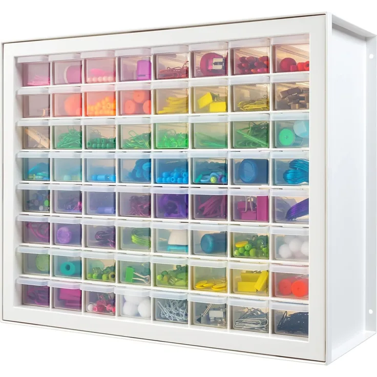 IRIS USA stapelbarer Aufbewahrungsschrank mit 64 Schubladen, 49,5 cm B x 17,8 cm T x 39,5 cm H, Weiß – Kleiner Ziegel-Organizer, Mehrzwecktruhe, Sammelalbum, Kunst, Hobby, mehrere Fächer