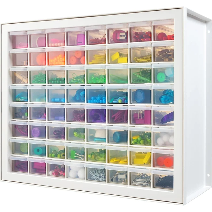 IRIS USA stapelbarer Aufbewahrungsschrank mit 64 Schubladen, 49,5 cm B x 17,8 cm T x 39,5 cm H, Weiß – Kleiner Ziegel-Organizer, Mehrzwecktruhe, Sammelalbum, Kunst, Hobby, mehrere Fächer