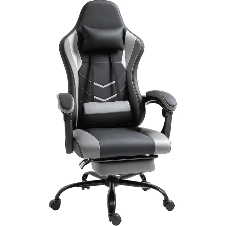 Vinsetto Ergonomischer Gaming Stuhl Bürostuhl Schreibtischstuhl, Drehstuhl Höhenverstellbar, Verstellbares Massage Lendenkissen mit Fußstützen Schwarz 62 x 52 x 128 cm