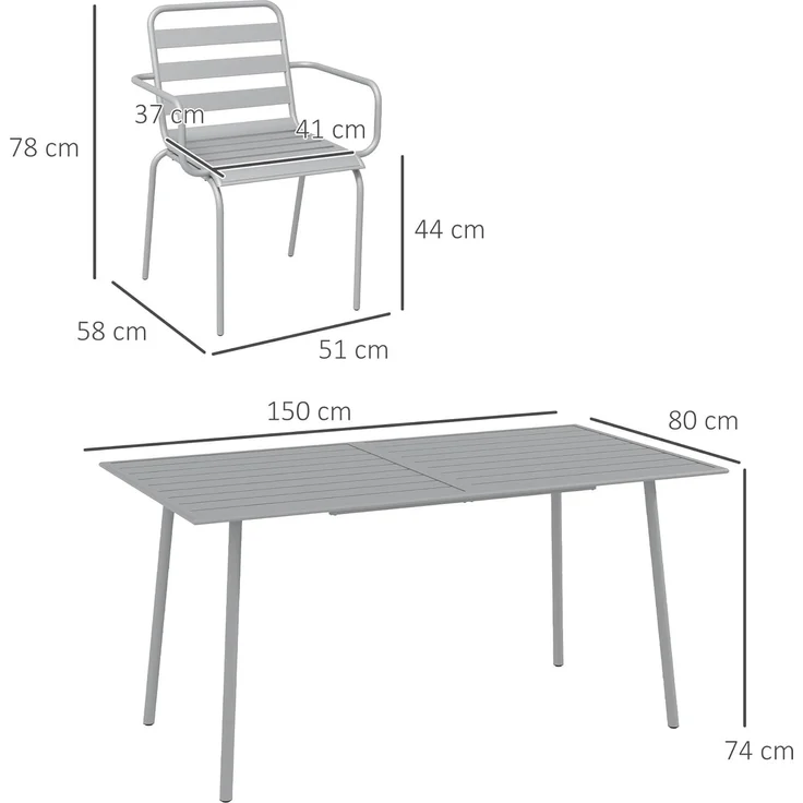 Outsunny Garten-Essgruppe Sitzgruppe mit 1 Esstisch, 6 stapelbaren Stühlen, (Gartengarnitur, 7-tlg, Sitzgarnitur), für Balkon, Terrasse, Stahl, Hellgrau – Bild 7