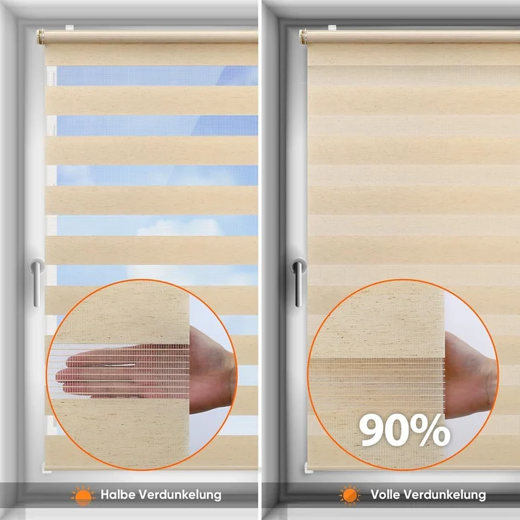 Sekey Doppelrollo Klemmfix ohne Bohren für Fenster, Doppelrollo 90 cm breit, Duo Rollo Jalousie Sonnenschutz, 90x130 cm, Gelbleinen – Bild 4