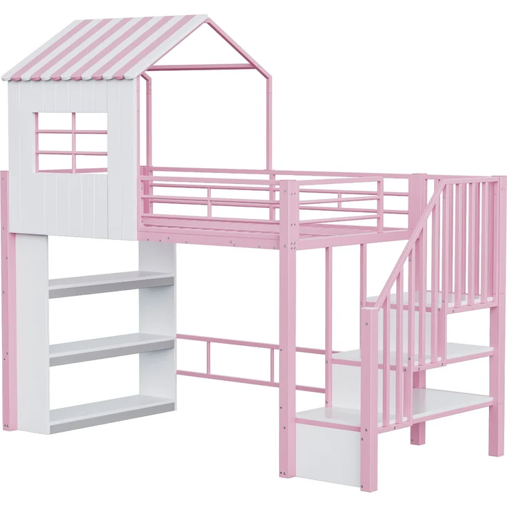 Merax Hochbett 90×200 cm, Kinderbett, Jugendbett, Hausdesign, Mehrstöckiges Stauraumregal, Sichere Treppe (montierbar links/rechts), Rosa – Bild 9