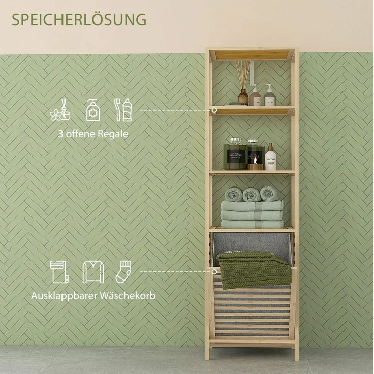 Badregal 44 x 33 x 160 cm aus Bambus mit 3 Ablagen und kippbarem Wäschekorb – Bild 3