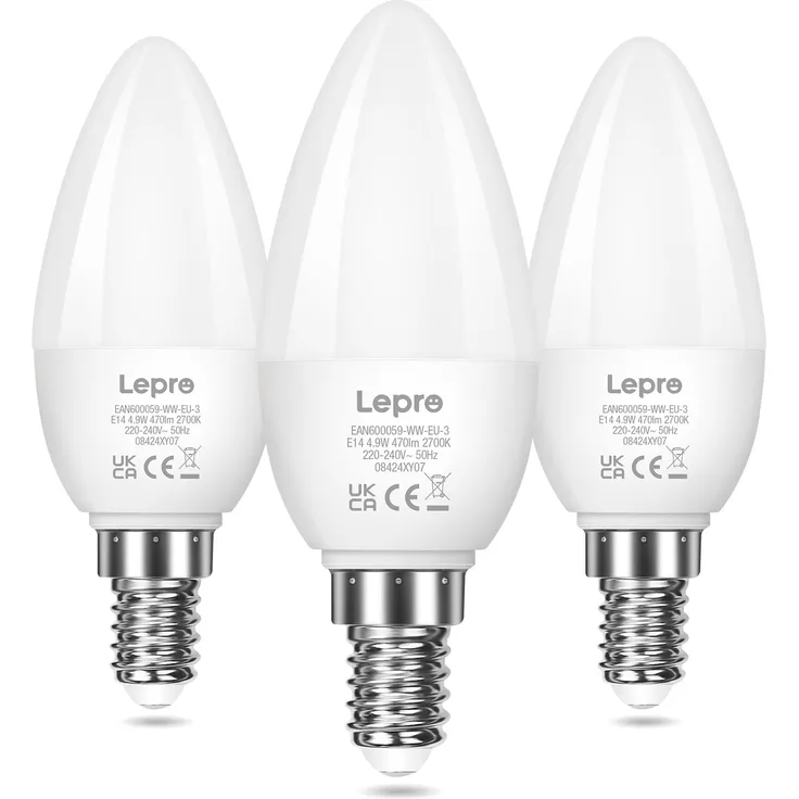 Lepro E14 LED Warmweiss, Glühbirne E14, 4.9W 470 Lumen, ersetzt 40W Glühlampe, C37 2700K Warmweiß Kerzenleuchten Nicht Dimmbar, 200° Leuchtmittel, 3 Stück