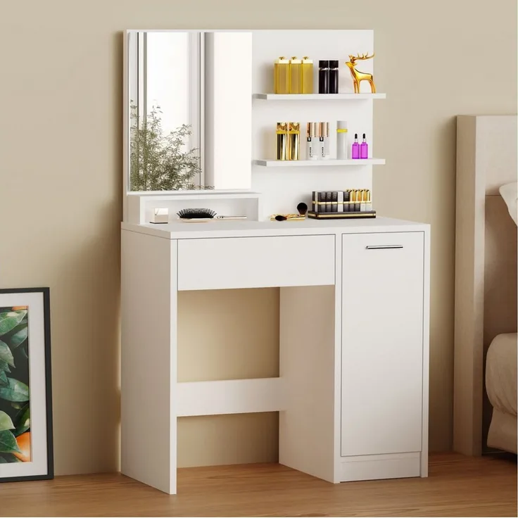 oyajia Schminktisch Frisierkommode mit Spiegel,1 Schubladen,3 offene Fächer, Modern (80 x 40 x 132 cm,Weißer, Frisiertisch mit Spiegel), modern, 1 Schubladen, Stauraum