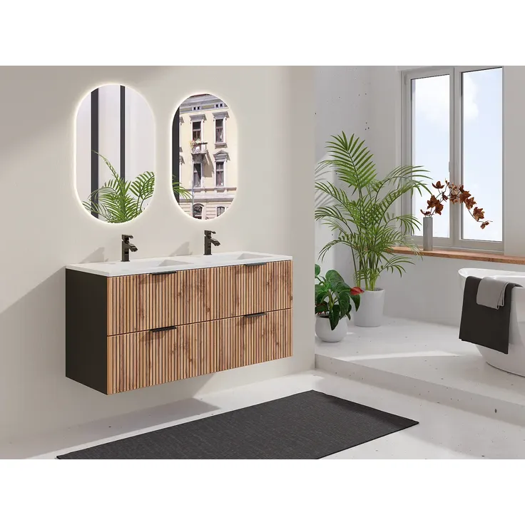 Vente-unique - MADELA Waschbeckenmöbel Holz, Platte SchwarzBeige - B 46 cm x H 57 cm x L 120 cm