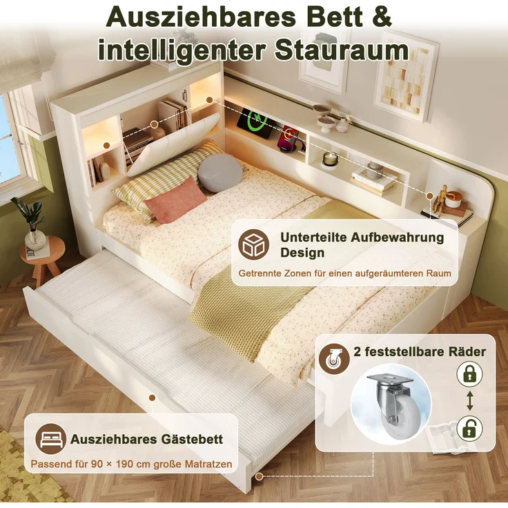 Tagesbett aus Holz mit Ausziehbett, Licht & USB-Anschluss, 140x190 cm, Weiß, ohne Matratze – Bild 8