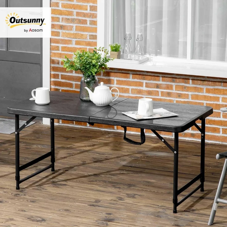 Outsunny Gartentisch Campingtisch Buffettisch mit Stahlgestell (Terrassentisch für 4 Personen, 1-St, Höhenverstellbarer Klapptisch), HDPE 118 x 60 x 74 cm, Dunkelgrau – Bild 2