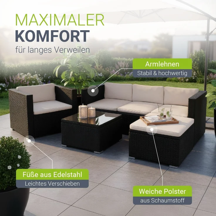 Juskys 'Punta Cana' Lounge, Polyrattan , Schwarz | Creme, L – Bild 5
