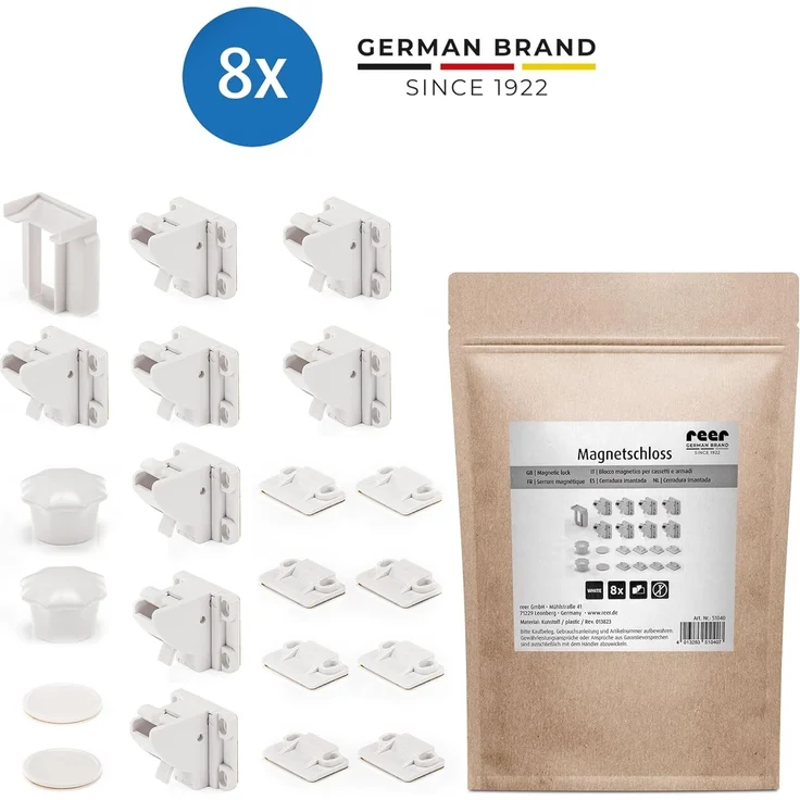 reer Magnetschloss | 8 Stück in Paper Bag | Magnetische Kindersicherung | Schrank- und Schubladensicherung zum Kleben | Sicherheit für Babys und Kinder | Erstausstattung – Bild 2