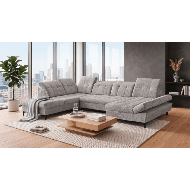 Wohnlandschaft Mercy von ED Exciting Design mit Schlaffunktion und Bettkasten im Glow Flachgewebe