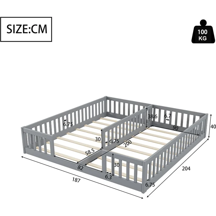 Doppelbett 90x200 cm aus Kiefernholz ,Kinderbett mit Sicherheitsgitter und Lattenrost, platzsparendes Familienbett,grau – Bild 6