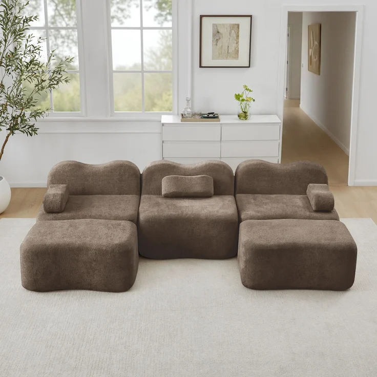 EINHOM 3-Sitzer U-förmiges Modulares Boneless Sofa mit 2 Ottomans, 32D Hochdichtschaum, Wellenform, tiefe Sitzfläche, bewegliches Armlehnenkissen, für Wohnzimmer, Braun – Bild 7