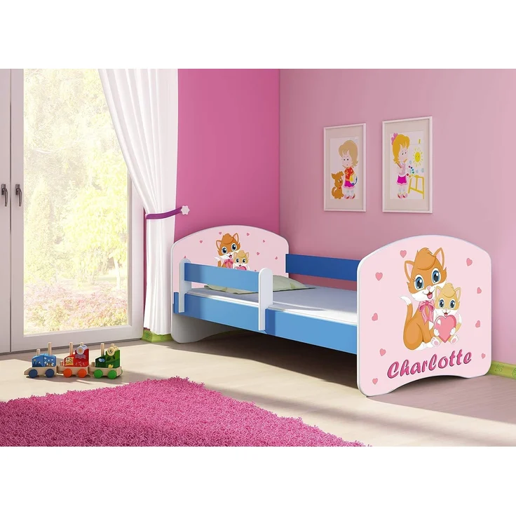 ACMA Kinderbett Jugendbett mit Einer Schublade und Matratze Blau mit Rausfallschutz Lattenrost II 140x70 160x80 180x80 (33 Miezekatzen, 180x80) – Bild 3
