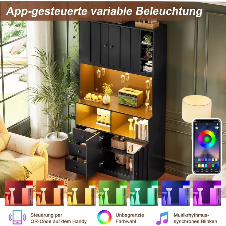 180 cm Küchenschrank, Hochschrank mit LED, Küchenregal mit Steckdose, Weinregal und Vitrine für Küche & Esszimmer--Schwarz--100x40x180cm--YOUDENOVA – Bild 6