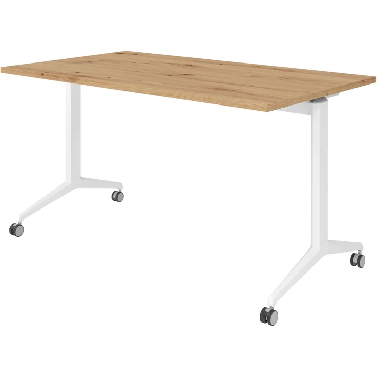 bümö Seminartisch klappbar fahrbar 140x80 cm Asteiche, Gestell weiß - Klapptisch staffelbar, mit vier Doppelrollen Büro Schulungstisch, KFZ14-R-W – Bild 1