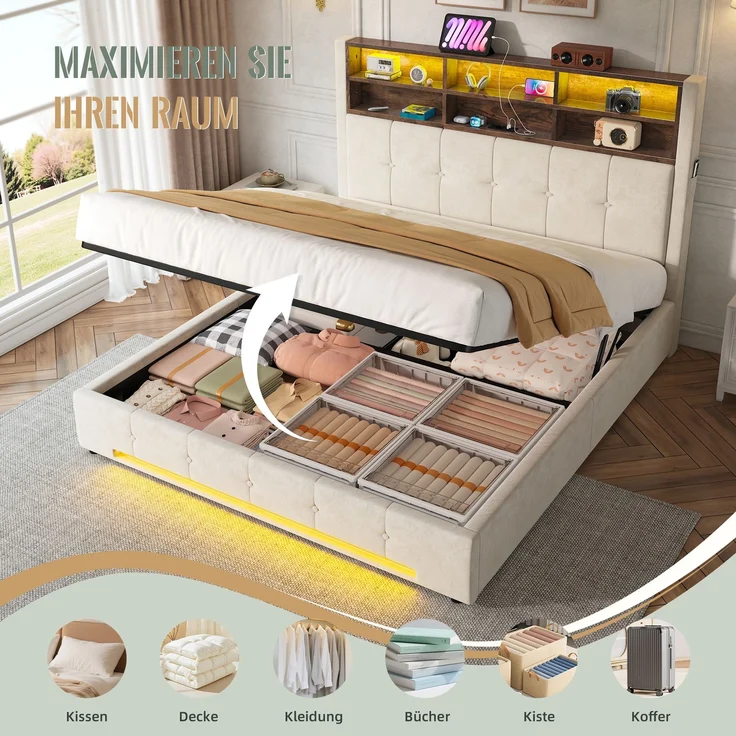 TavilaEcon Polsterbett mit Bettkasten und USB-C-Anschluss beige Liegefläche 160 × 200 cm – Bild 6