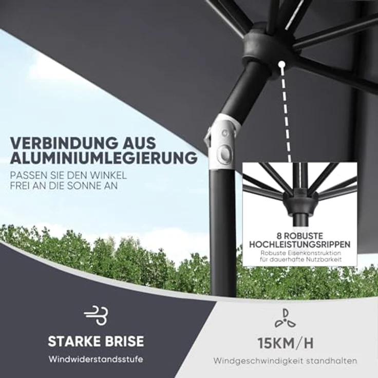 Sekey Sonnenschirm 3m Marktschirm mit Kurbel, Gartenschirm, 8 Streben, Sonnenschutz 50+, LxB: 300,00x300,00 cm, mit/ohne LED-Lichtern, Terrassenschirm Rund – Bild 4
