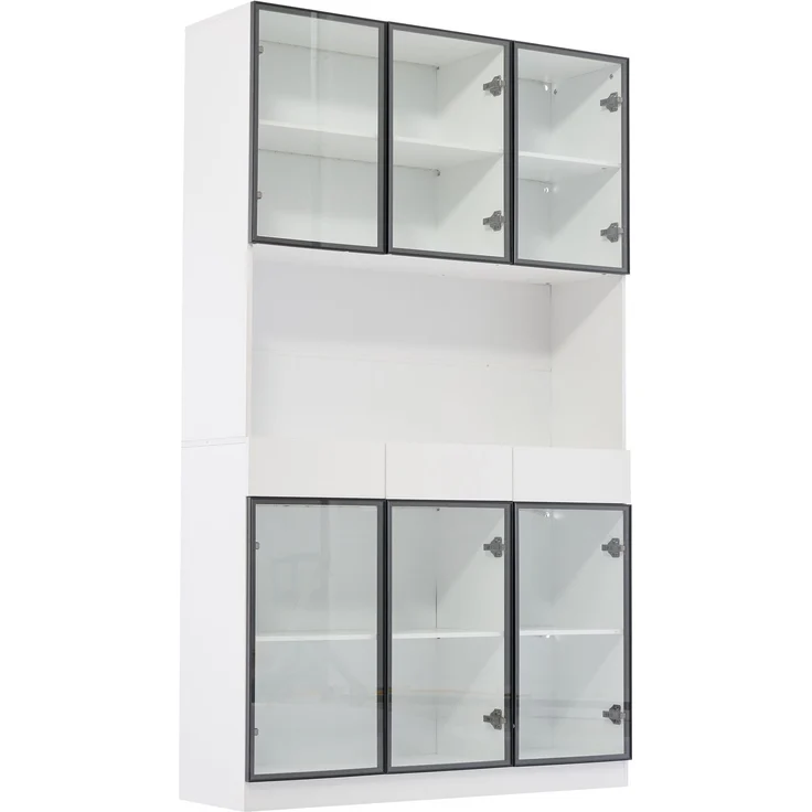 Vitrinenschrank 240x36x200 cm in Weiß, LED-Beleuchtung, Glastüren & 3 Schubladen – Bild 7