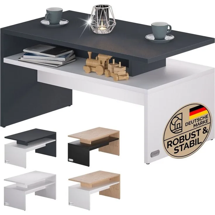 Casaria Couchtisch Sacramento, Holz Weiß Schwarz mit Stauraum 95x55x50cm 2 Ablagen Matt Modern Eckig