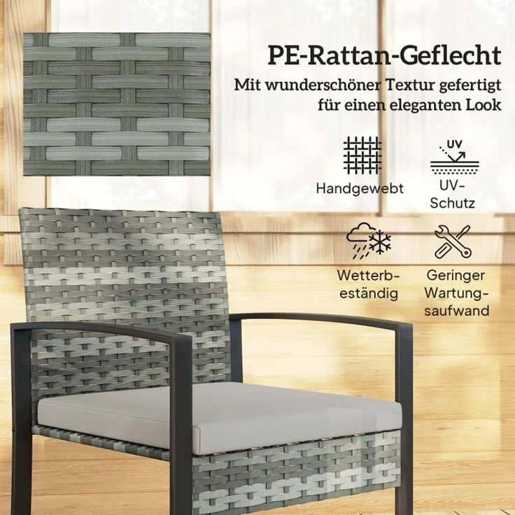 Rattan Bistroset, 3 teiliges Gartenmöbel-Set mit 2 Gartenstühlen, Couchtisch, abnehmbar Kissen Hellgrau – Bild 5