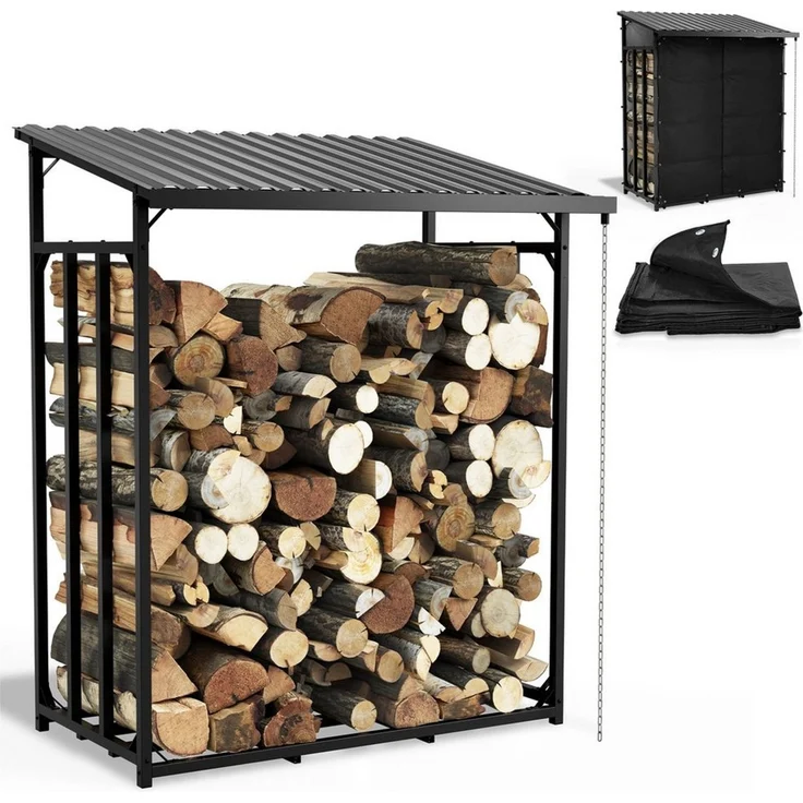 Onbest Kaminholzregal Metall mit Regenrinne und Regenkette, BxTxH:185x70x185 cm, 150g Schutzplane, 1,56 m³ – Bild 1