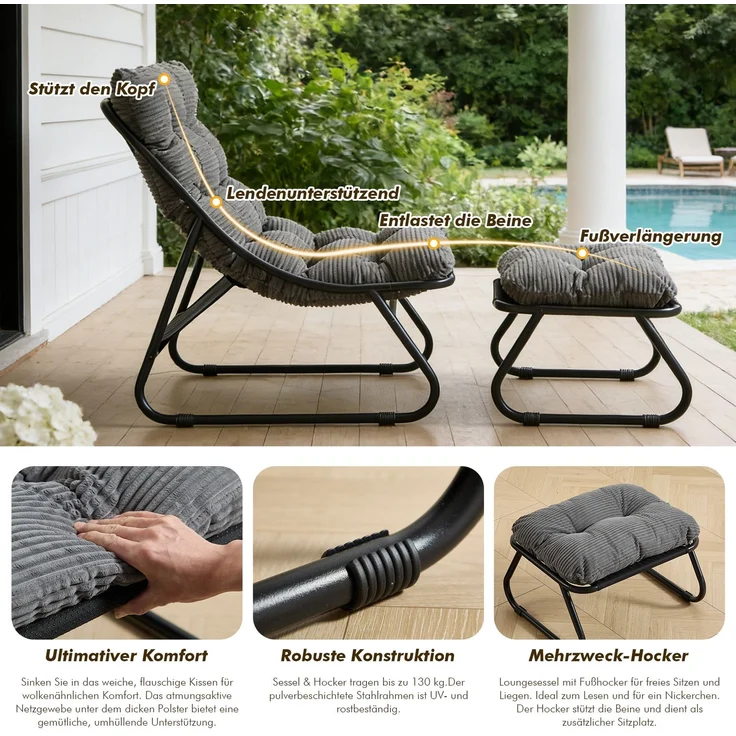 LVHOM Sessel mit Hocker, Gepolsterter Loungesessel aus Cord mit Metallgestell, ergonomischer Relaxsessel für Wohnzimmer und Schlafzimmer, Grau – Bild 3