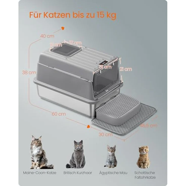Feandrea Katzenklo Edelstahl, mit Deckel, Schaufel, Katzenstreumatte | Katzentoilette, mit 2 Eingängen, für Katzen bis 15 kg, Schiefergrau, BOXAL Kollektion PPT007GN01 – Bild 6