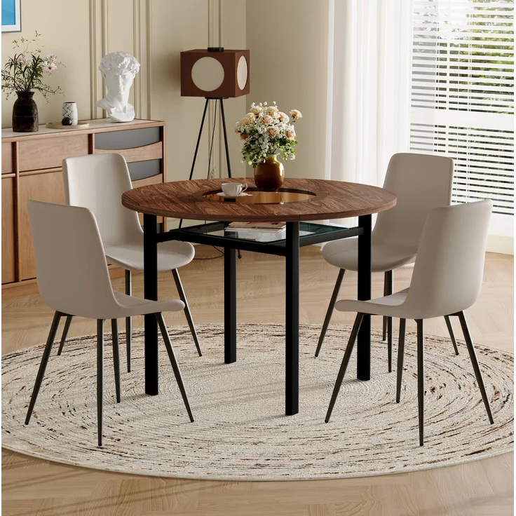 Essgruppe mit rundem Tisch Ø 100x76 cm, Glasablage & PU-Stühlen, Braun/Schwarz/Warmgrau – Bild 2