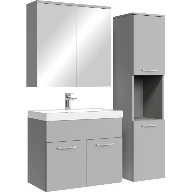 Badplaats Badmöbel Komplettset Montreal 60x35 cm Grau Matt - Badezimmermöbel mit Waschbecken, Spiegelschrank und Badezimmerschrank – Bild 1