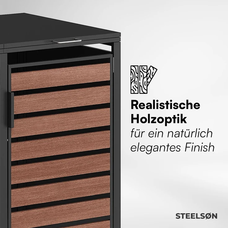 STEELSØN 'Kestra' Mülltonnenbox 5er je 240 Liter, graphitschwarz mit Nußbaum-Holzoptik, Mülltonnenverkleidung aus Stahl, wetterfest, 116x80x337 cm, Müllbox für 5 Tonnen – Bild 6