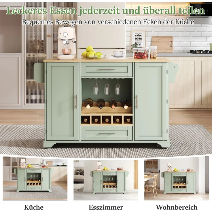 Merax 120cm Küchenwagen mit klappbarer Arbeitsplatte, Kücheninsel auf Rollen mit Weinregal, Glashalter, Gewürzregal & Handtuchhalter, Grün – Bild 6