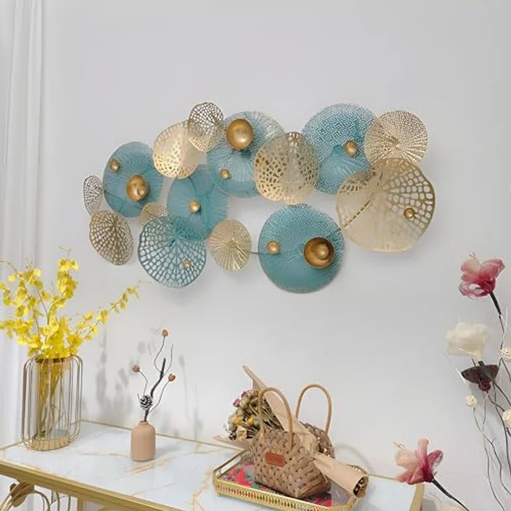 3D Wandbild "Lotus" aus Metall in gold / türkis, 125x60 cm, Wanddeko, Wandschmuck – Bild 3