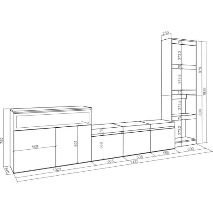 Skraut Home | Wohnwand Wohnzimmer | Wohnzimmermöbel, Möbelset | 310 x 186 x 35 cm | Für TV-Geräte bis zu 65" | Elektrokamin. | Moderner Stil | Zement – Bild 4